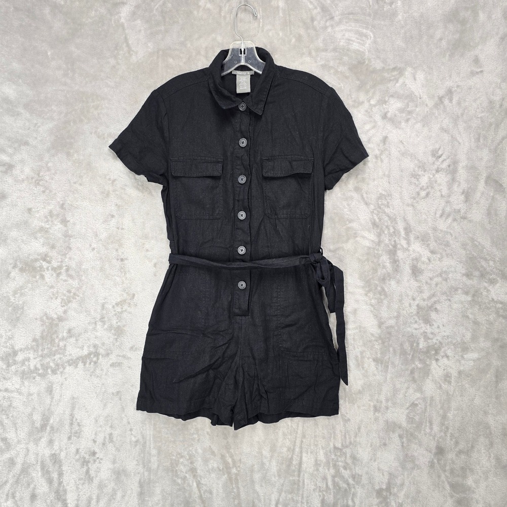 Matty M Black Linen Blend Belted Romper Womans S Utility Coastal Cargo Summer